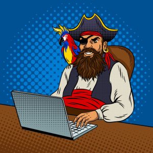 Pirate with laptop pop art vector illustration