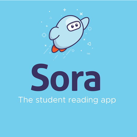 Sora: The Student Reading App logo. A light blue background and purple and white text. A simple cartoon of a space man speeds through space.